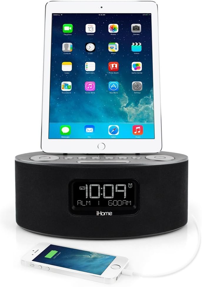 iHome iDL46GC Dual Charging Stereo FM Clock Radio with Lightning Dock and USB Charge/Play for iPhone/iPod/iPad OPEN BOX