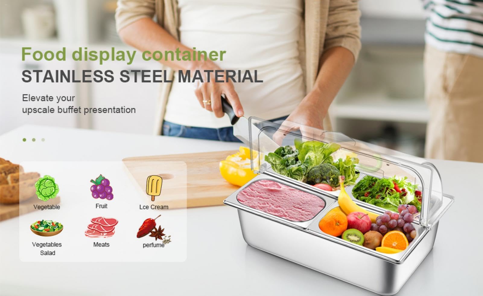 Vitrina de acero inoxidable con cuatro compartimentos para servir alimentos, dispensador de condimentos, bandeja individual de 4 L, para restaurante, hotel, kitch