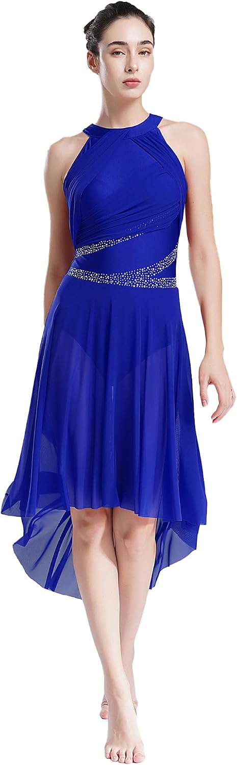 Womens Modern Lyrical Dance Dress Halter Neck with Mesh Tulle Hi-Low Skirt Built-in Briefs Stage Performance Leotard