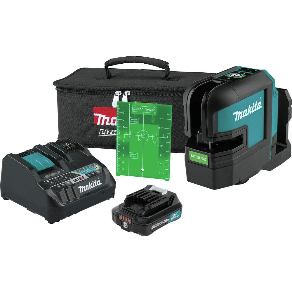 Makita SK105GDNAX Self-leveling cross-line laser kit, green, with 2.0 Ah battery