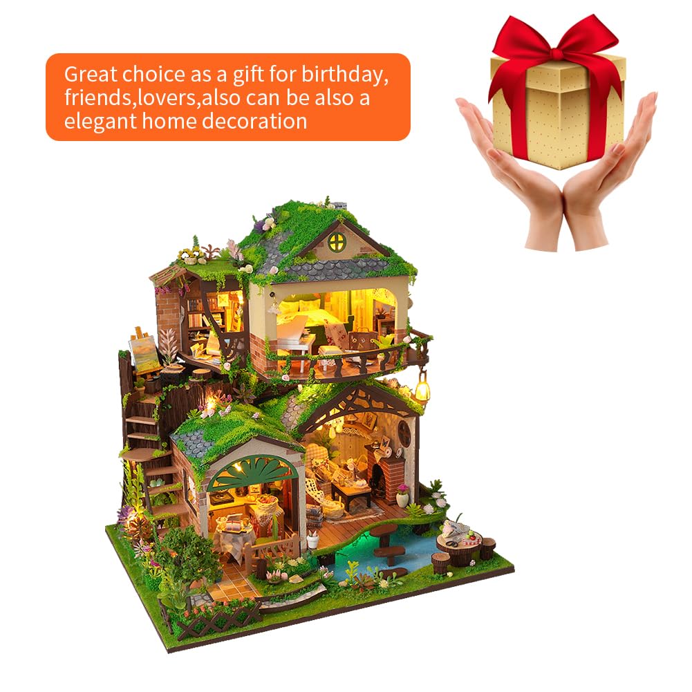 DIY-Puppenhäuser, 3D-Zimmerpuzzle & Buchstütze， DIY Puppenhaus Kit mit LED-Beleuchtung – Kreativset zur Regaldekoration (Mit Staubschutzhülle)