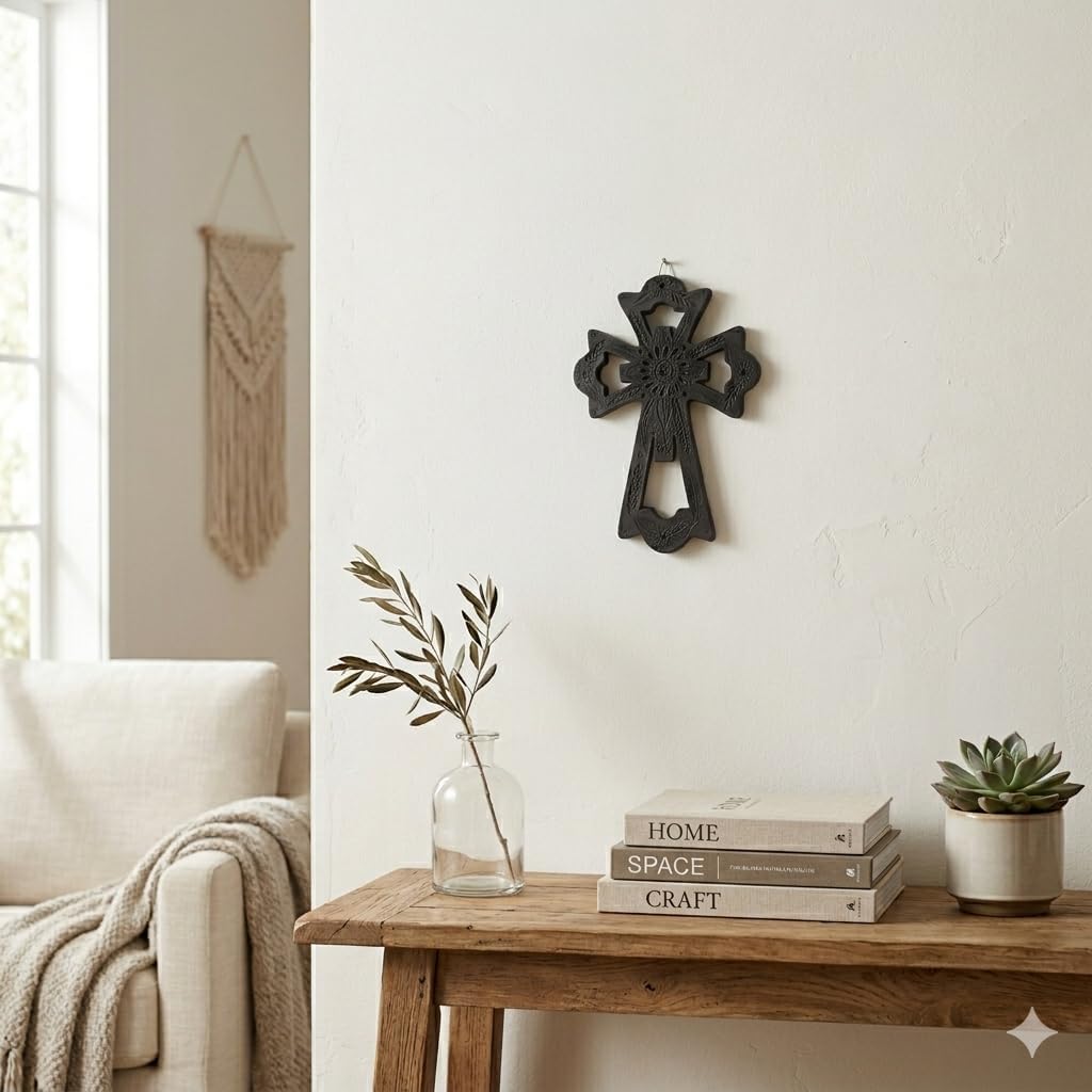 Handmade Mexican Black Clay Wall Cross – Christian Religious Decor – Rustic Artisan Cross from Oaxaca – Spiritual Home Accent – 7 x 10 Inch (Flowers)