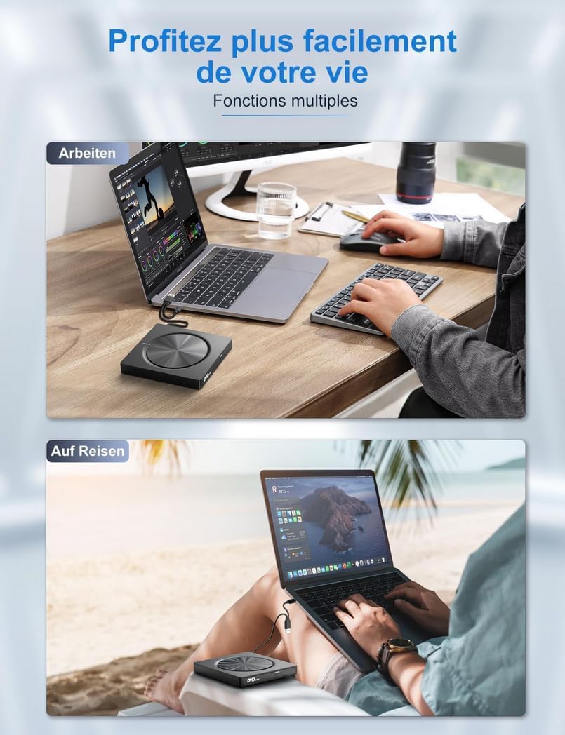 7-in-1 External DVD Drive USB 3.0, DVD-RW CD Burner with TF/SD Card Reader & USB Ports, Portable Slim Optical Drive for Laptop Desktop, Plug and Play