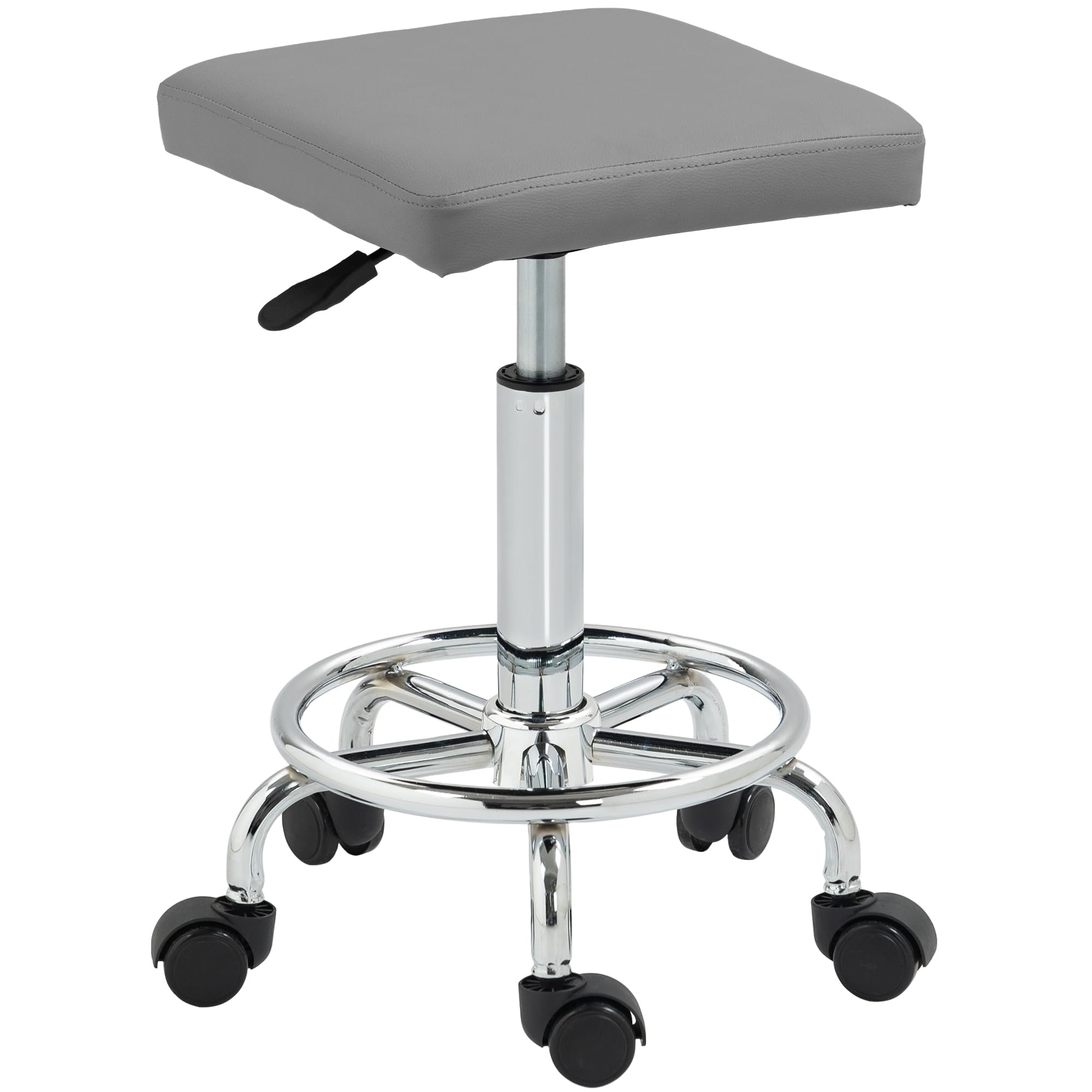 HOMCOM Taburete Giratorio Taburete con Ruedas Altura Regulable 50-66 cm Asiento Tapizado de Cuero Sintético Reposapiés para Salones y Talleres Gris