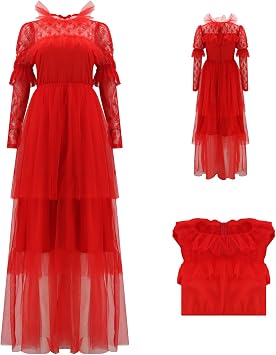 Poboola Lydia Deetz Costume Red Wedding Dress 80s Prom Tulle Dress for Women Dead Bride Halloween Gothic Costumes XL