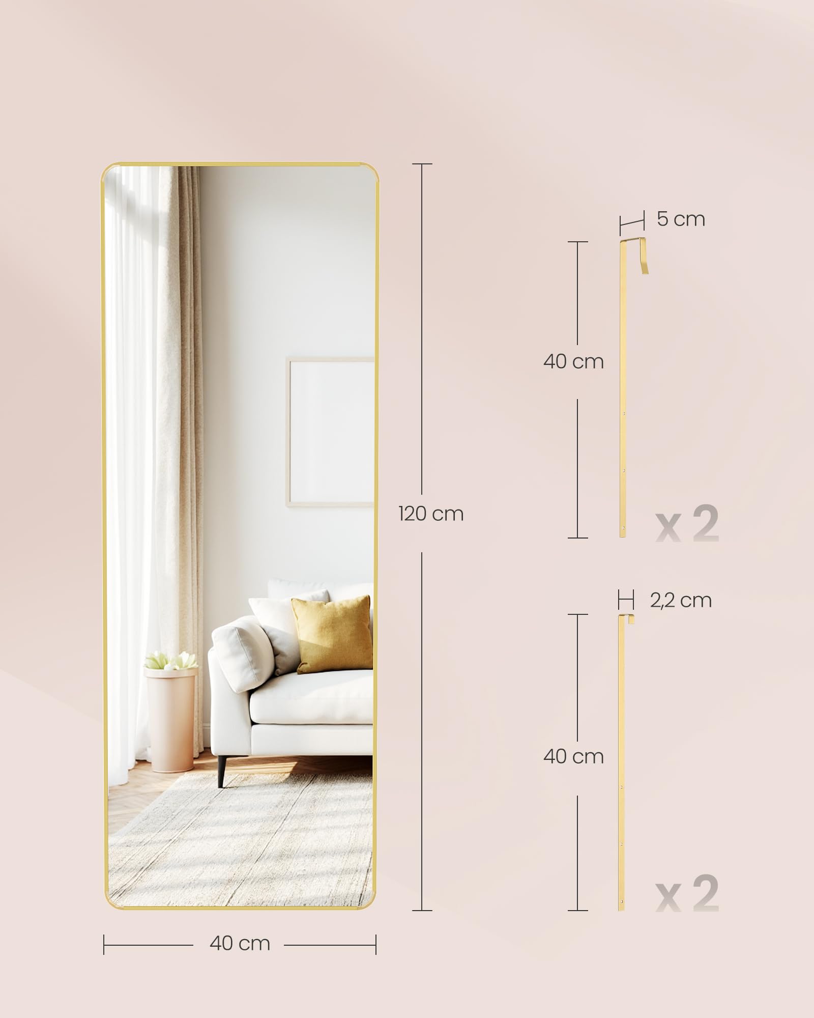 SONGMICS Espejo colgante de longitud completa, 120 x 40 cm, espejo rectangular de cuerpo completo, espejo sobre puerta o pared, vidrio templado, para dormitorio, sala de estar, guardarropa, oro pálido