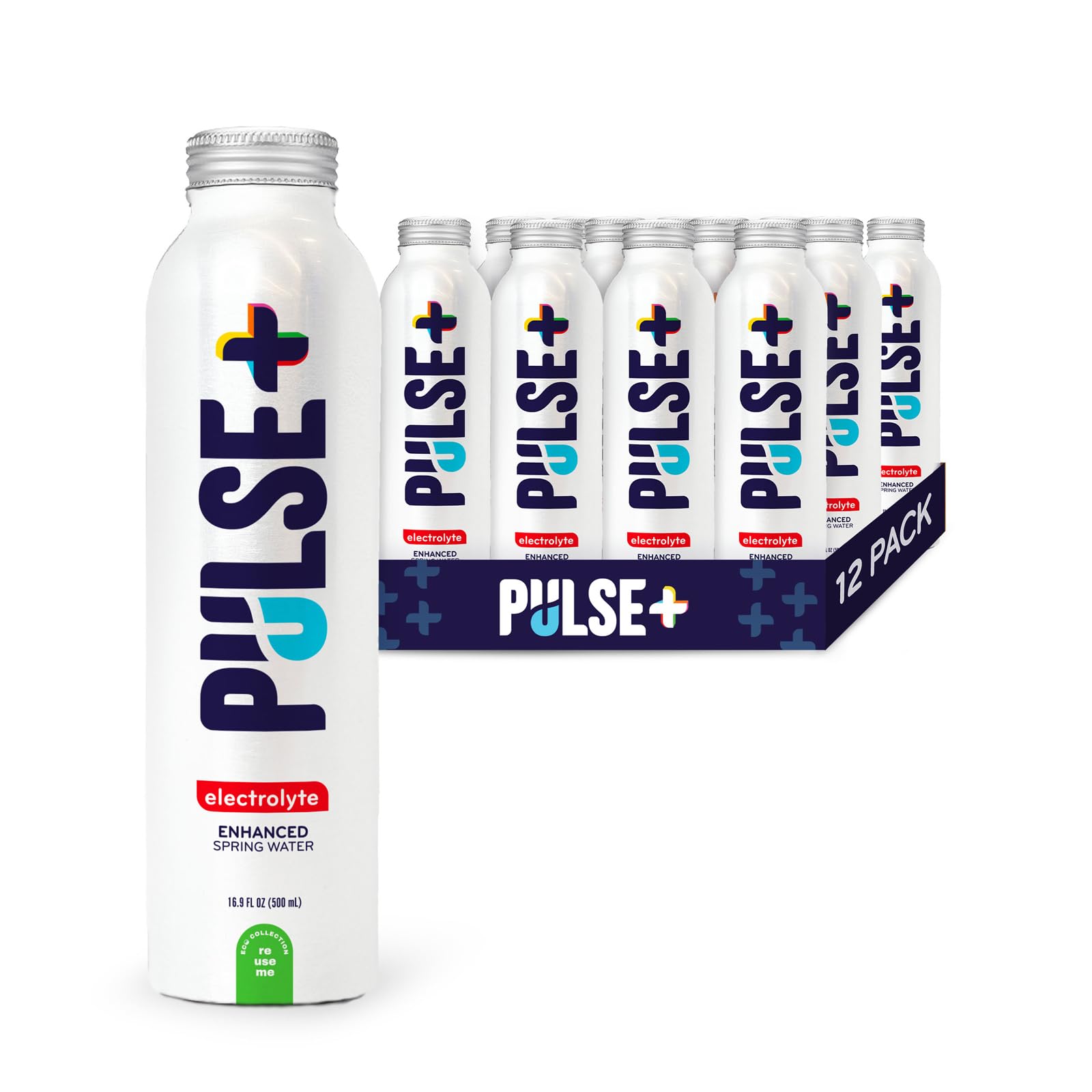 Pulse+ Electrolyte Water - Naturally Filtered Spring Water in 16.9-Ounce Aluminum Bottles, Recyclable and BPA-Free - Case of 12