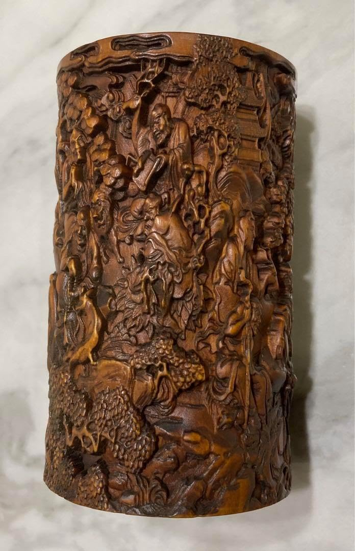 中国美術 木彫刻 松下人物紋 筆筒 高10cm 文房四宝(HA485) 中国美術 木彫刻 松下人物紋 筆筒 高10cm 文房四宝 中国美術 木彫刻 松下