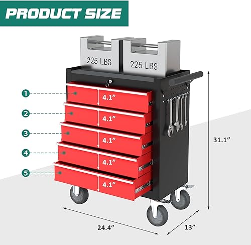 Miniatura 3 de Caja de herramientas con ruedas de 5 cajones, caja de herramientas rodante con ruedas, caja de herramientas con sistema de bloqueo con llave y Rojo-