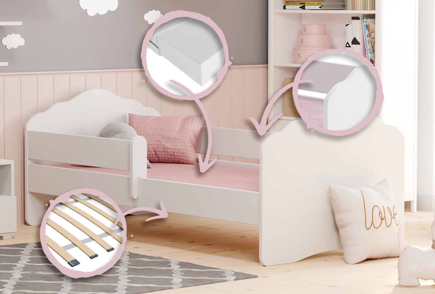 KOBI Fala Kinderbett mit Rausfallschutz | 140 x 70 cm | Kinderbetten mit Matratze Komplett Set | Einzelbett Kinder Bett | Mädchen Junge | Modern Weiss Kids Bed Children
