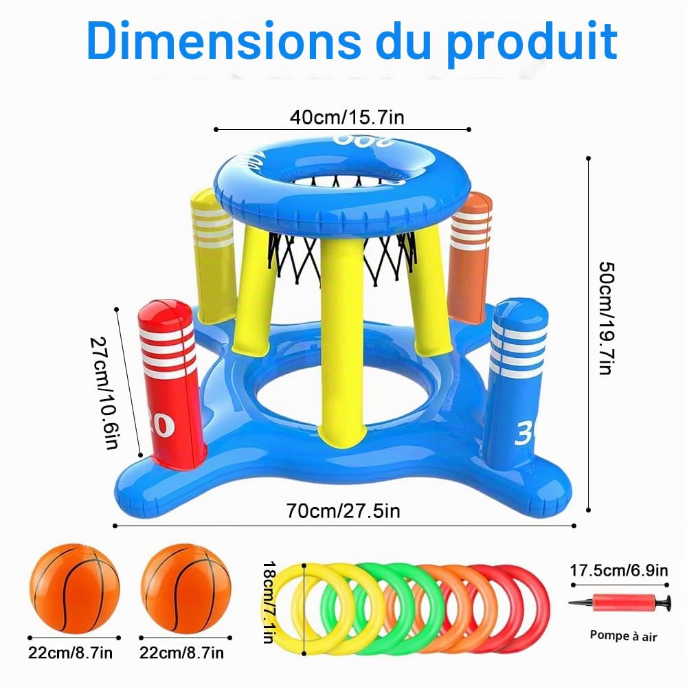 Panier de basketball gonflable pour piscine avec jeu de lancer, jouet gonflable pour piscine, jouet d’eau, panier de basketball flottant avec 2 balles et 8 anneaux de lancer, jeu de piscine