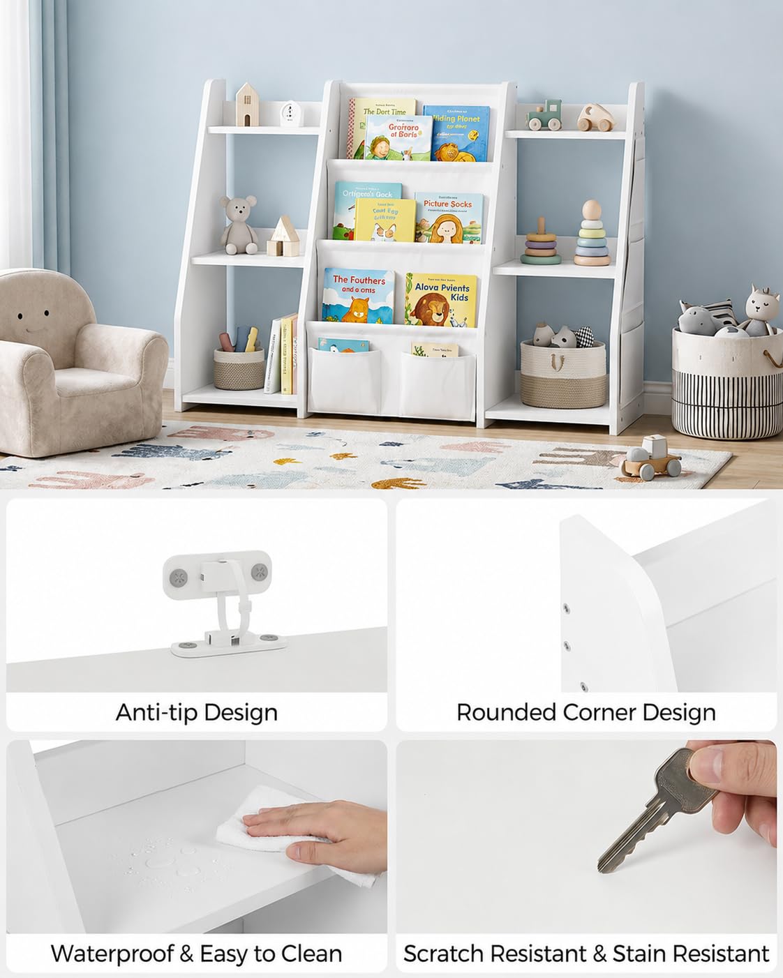 Librería Montessori Infantil Blanca con Bolsillos de Tela, 97 x 30 x 76 cm | Estantería infantil para libros y juguetes con compartimentos abiertos y kit antivuelco, ideal como mueble organizador.