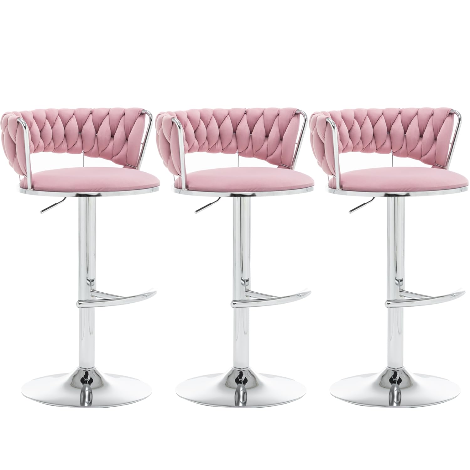 Riknuxi Velvet Bar Stools Set of 3, Counter Height Barstools with Low Back, Swivel Bar Stool for Kitchen Island, Pub (Pink)