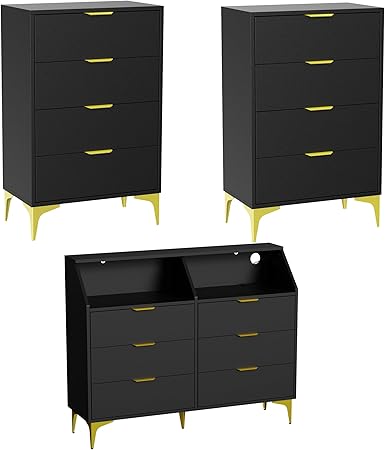 LOUVIXA Bedroom Set of 3 (Black, Drawer Dresser 4+6) Home