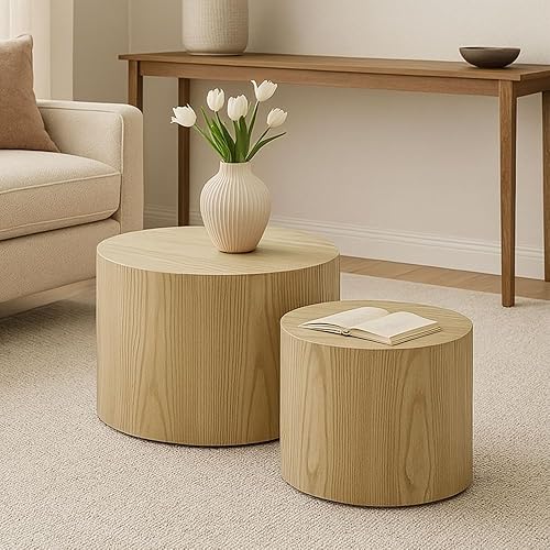 WILLIAMSPACE Nesting Coffee Table Set of 2, Round Wooden Coffee Tables Circle Modern Table for Small Space Living Room Bedroom Accent End Side Table (Wooden Color-Round)