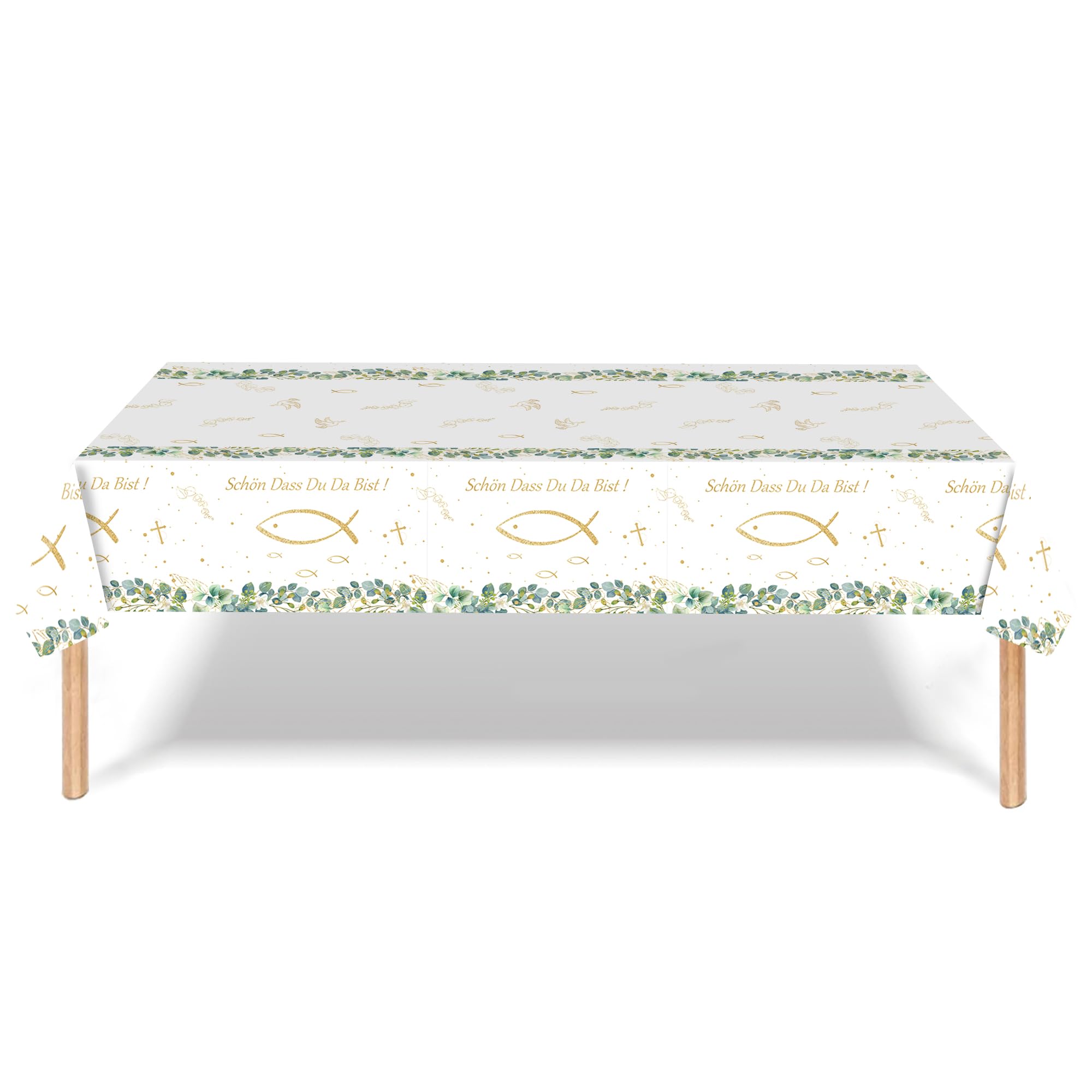 Nappe De Table Jetable 137x274cm - Motif Eucalyptus Et Poisson | Pour Communion, Baptême, Fête