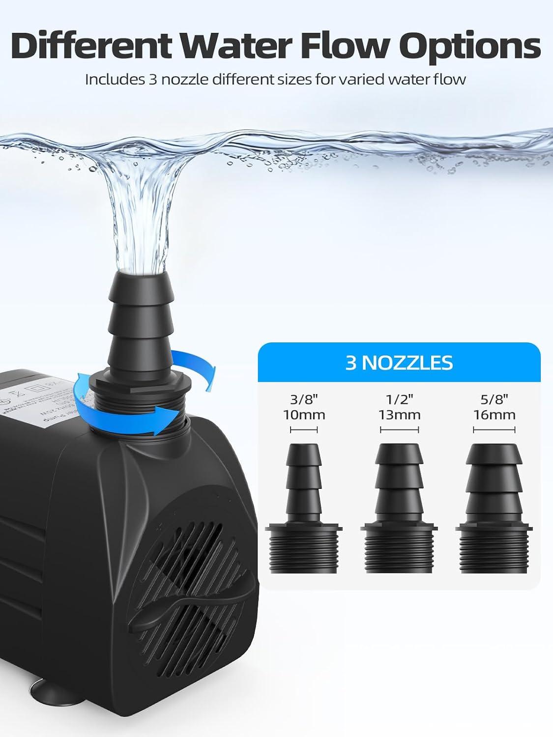400GPH Submersible Water Pump(1500L/H, 25W), Ultra Quiet Water Fountain Pump with 6.56ft High Lift & 6.5ft Hose, 3 Nozzles for Pond Waterfall, Fish Tank, Aquarium, Hydroponics
