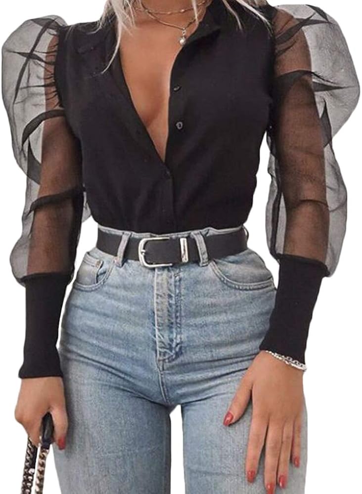 Mesh top with fluffy sleeves Clearance