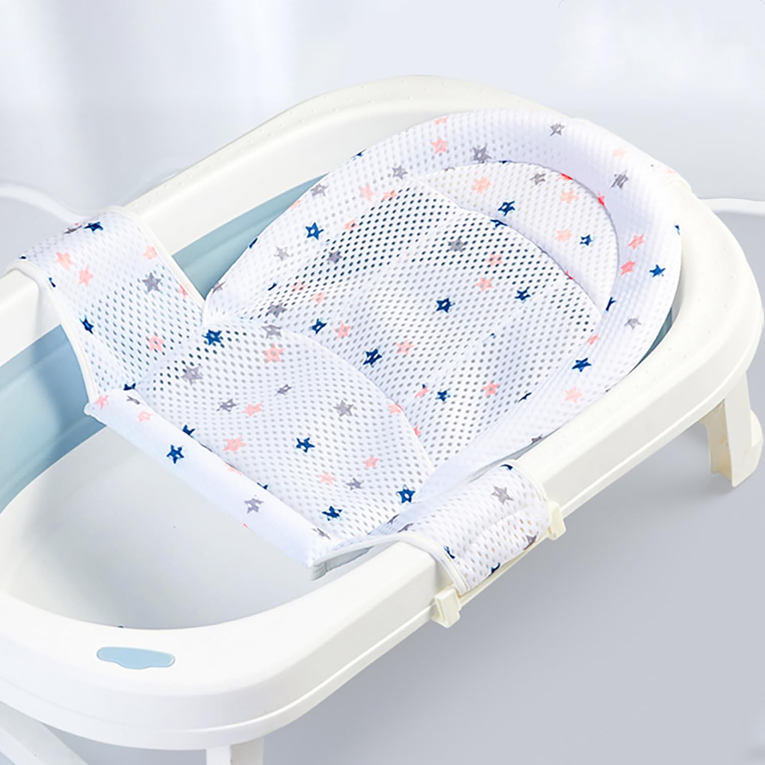 Bain en T Antidérapant pour Bébé - Blanc, Filet de Tapis maille, Support Nouveau-né avec Sangles Ajustables, Siège de Bain Confortable, 0-12 Mois