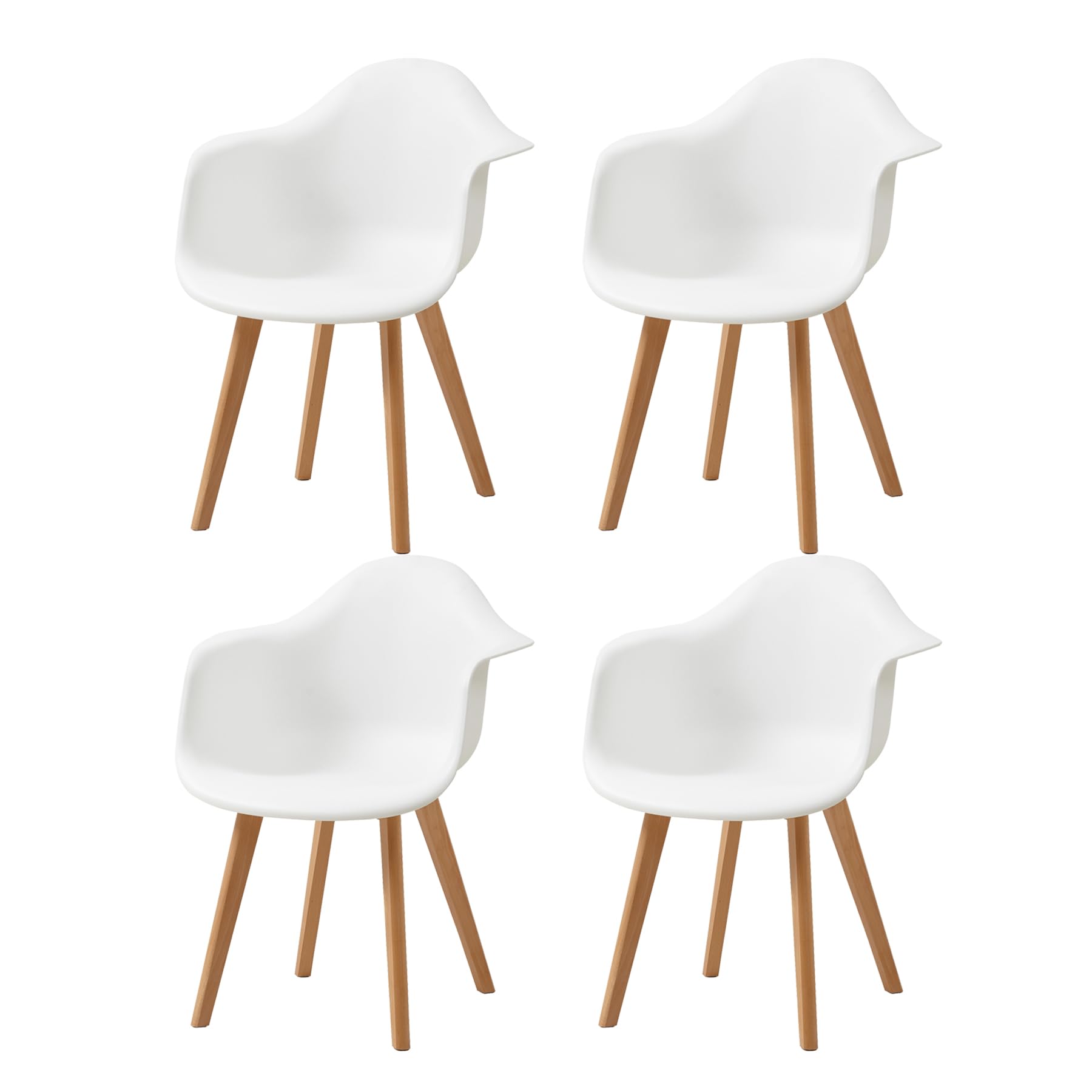 GrandCA HOME Lot de 4 Chaises de Salle à Manger Fauteuils avec Pieds en Bois, Siège en Polypropylène Premuim, Chaises de Cuisine avec Accoudoir pour Salon, Salon Bureau (4, Blanc)