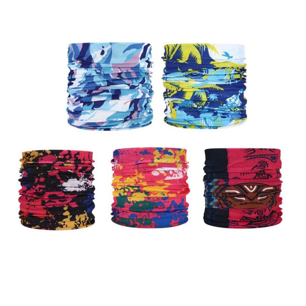 Jilukibo 5pcs Outdoor Magic Headband Face Mask Head Wrap for Men Women, Elastic Seamless Bandana Headwear Sport Scarf for Neck Gaiter Yoga Hiking UV Resistence