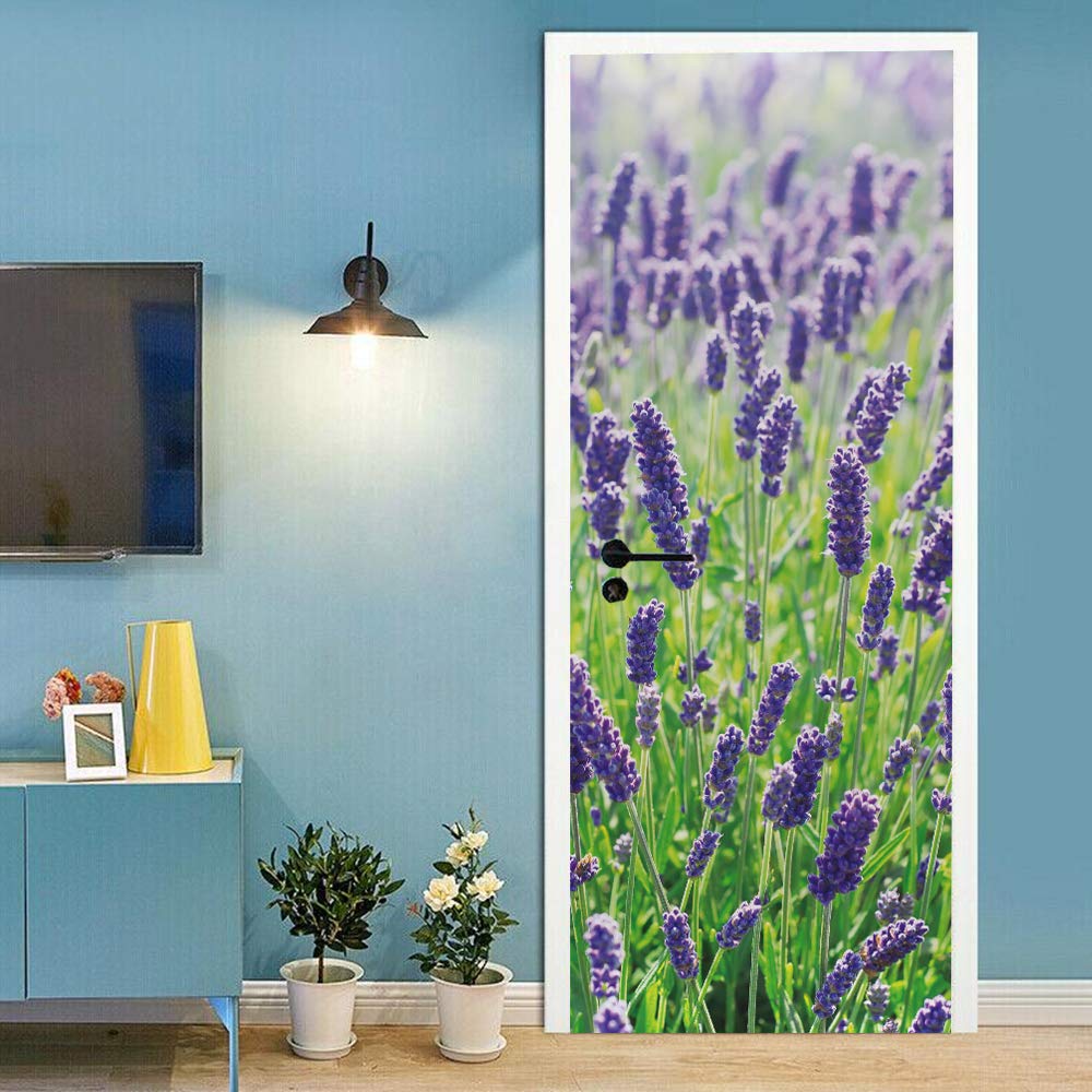 Sticker de porte lavande violette trompe l'oeil escaliers