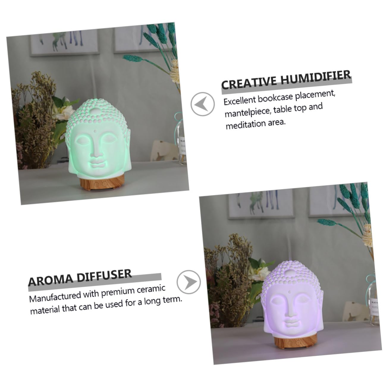 Buddha Kopf Aromatherapie Diffusor Weiß Keramik für Luftbefeuchtung | 1 Stück, Kompakte Form für Home Deko, 1l-volumen Passend fürs Nachttisch Setup