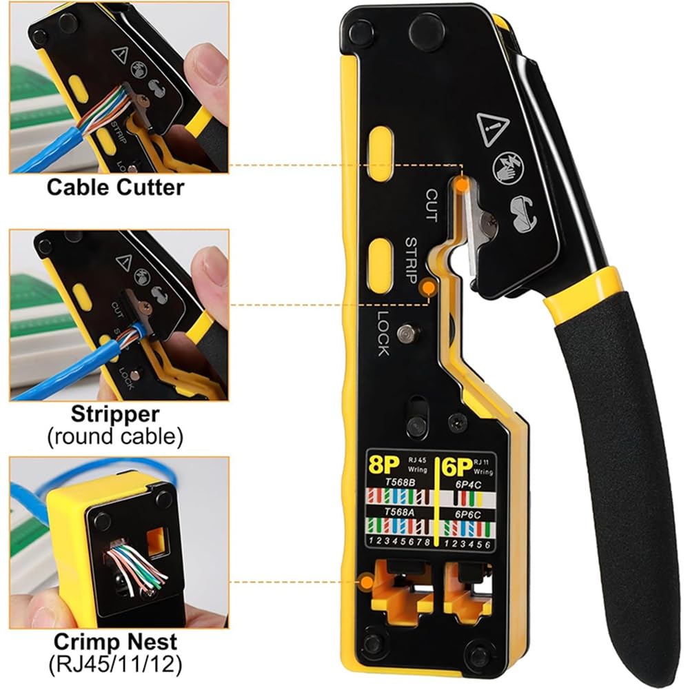 Kit de Crimpadora RJ45, Herramienta de Crimpado Cat6 de Paso para Conectores Cat5, Cat5e, Cat6 8P8C, Crimpadora Ethernet