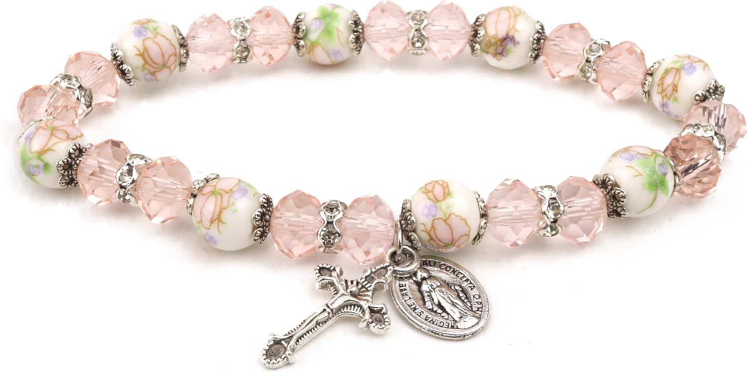 Needzo Pink Miraculous Medal Bracelet, Glass Floral Beads with Metal Crucifix Pendant, Catholic Gifts for Women, 7.5 Inches, Stretchable