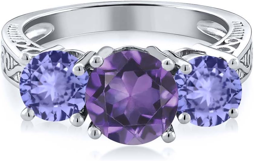 Gem Stone King 2.02 Cttw Purple Amethyst and Blue Tanzanite 3-Stone Ring For Women | 925 Sterling Silver | Gemstone Birthstone | 3 Stone Wedding Engagement Anniversary Promise Ring