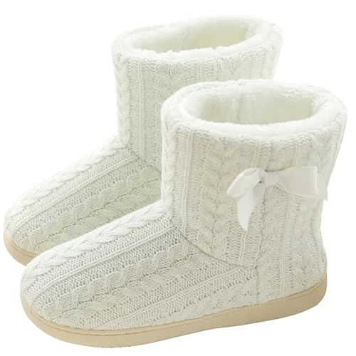BUGUKI Slipper Boots Women Knit Plush Lining Winter House Shoes Memory Foam Indoor Outdoor