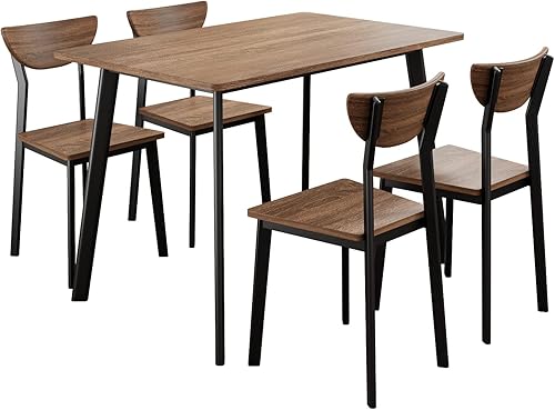 Moderno juego de mesa de comedor de 5 piezas para 4 personas mesa y sillas de comedor para comedor marco de metal negro y tablero de roble marrón