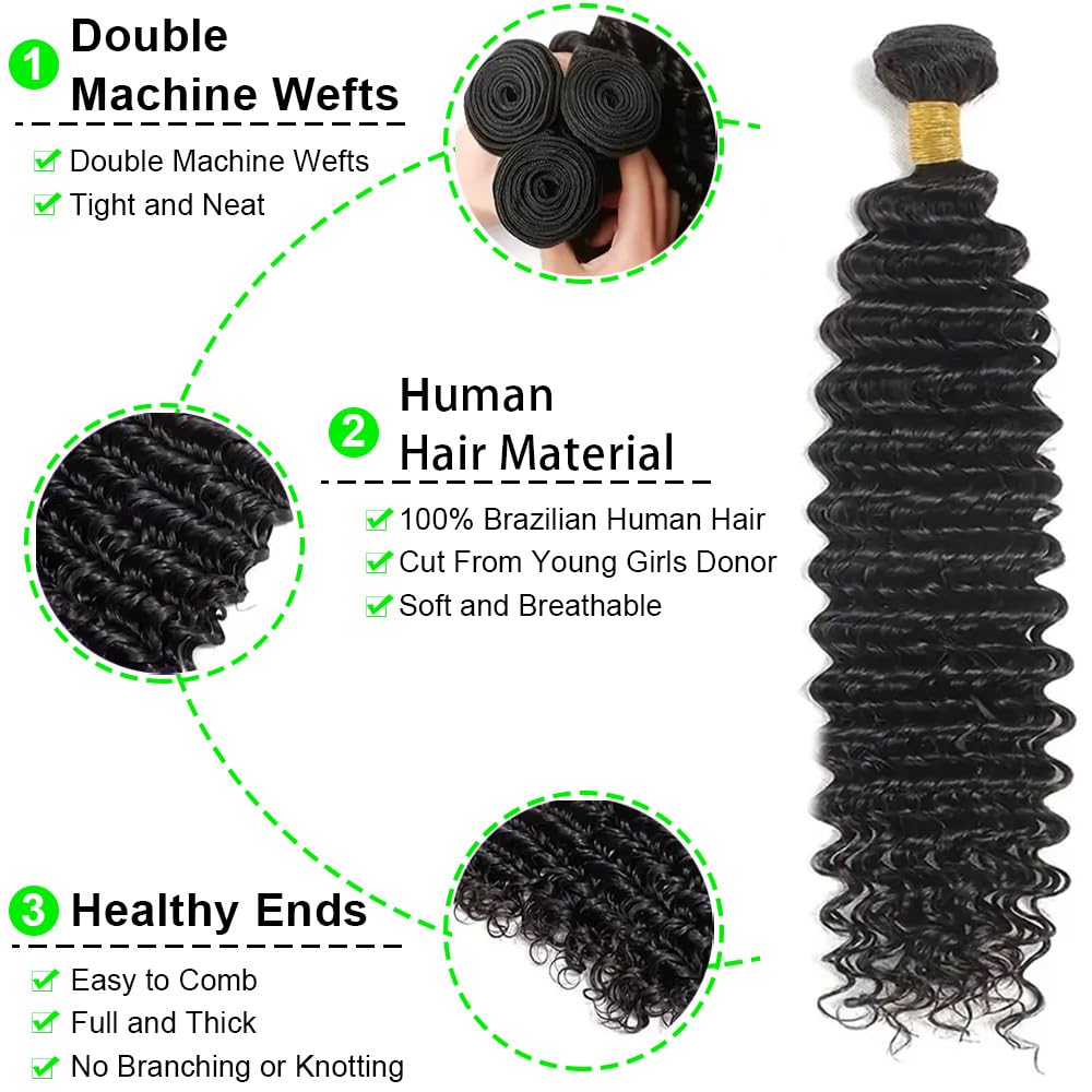 Deep Wave Human Hair Bundles 16 18 20 Inch 100% Unprocessed Deep Curly Bundles Human Hair 3 Pack for Black Women Double Weft Wet and Wavy Hair Natural Color