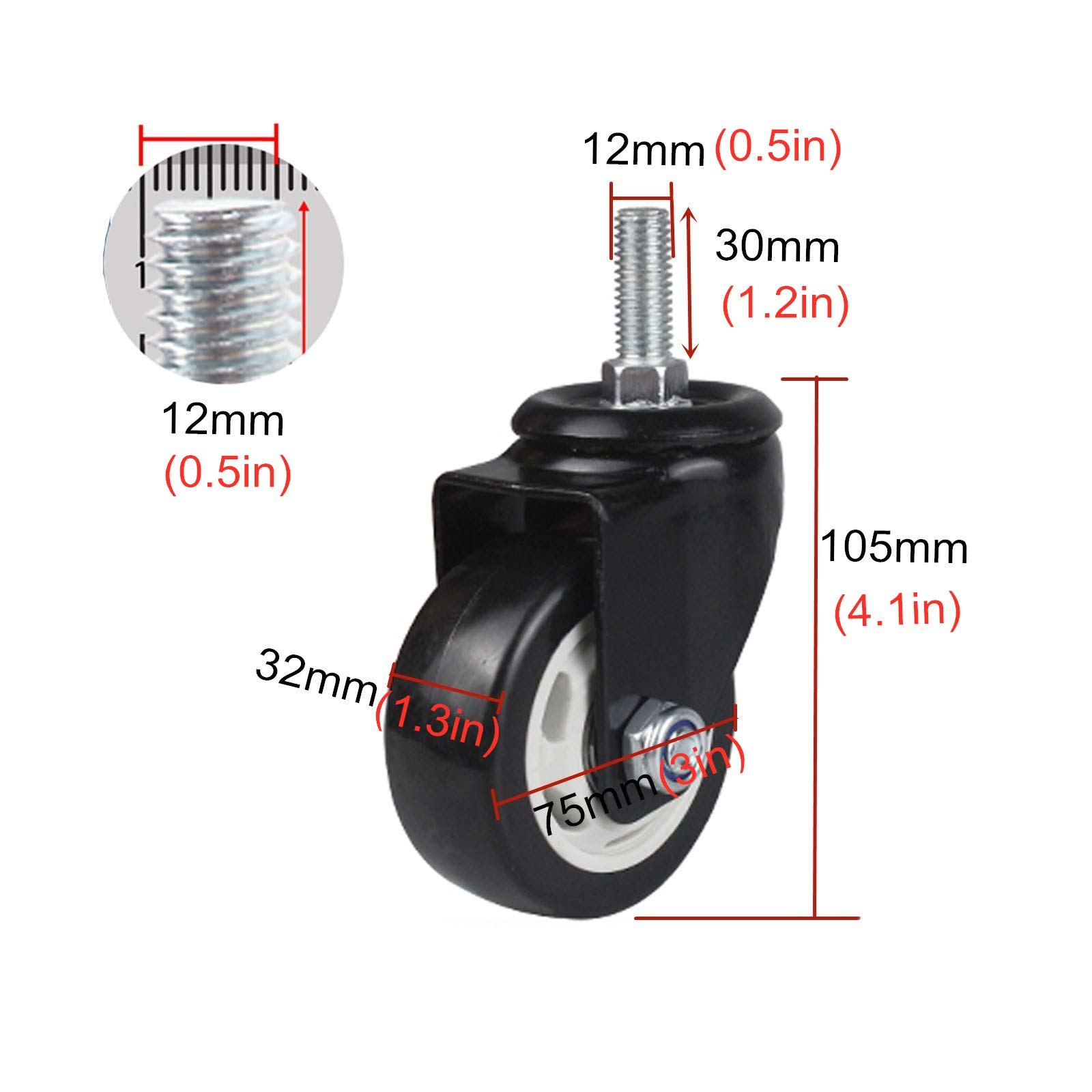 Ruote girevoli per mobili Resistenti, Confezione da 4, Ruote girevoli di Ricambio con Doppi Cuscinetti, Stelo filettato M12 x 30 mm, 75 mm (3 Pollici) con Freno, Misura Universale, poliureta