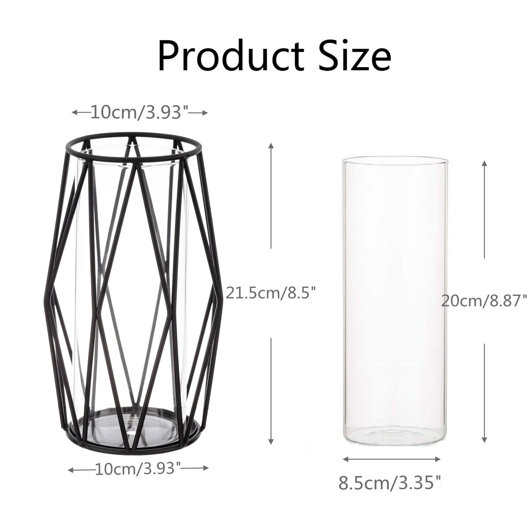 Schwarzer geometrischer Stumpenkerzenhalter – 2 Stück Glaszylinder-Hurricane-Kerzenhalter mit Metall-Kerzenständer, kreative trendige Vase für Büro, Hochzeit, Urlaub, Party, Geschenke