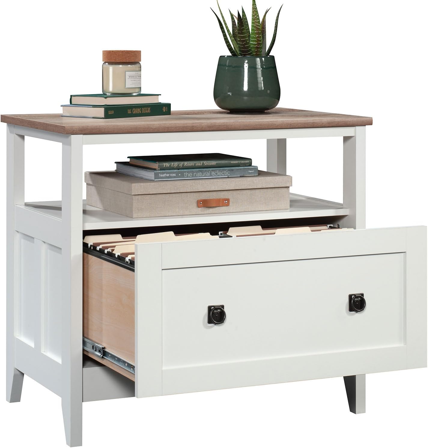 1-Drawer Lateral File Cabinet, White Finish with Wood Accents, Wide File Organizer for Letter/Legal/A4/F4 Documents, Home Office Storage Chest, Compact Design