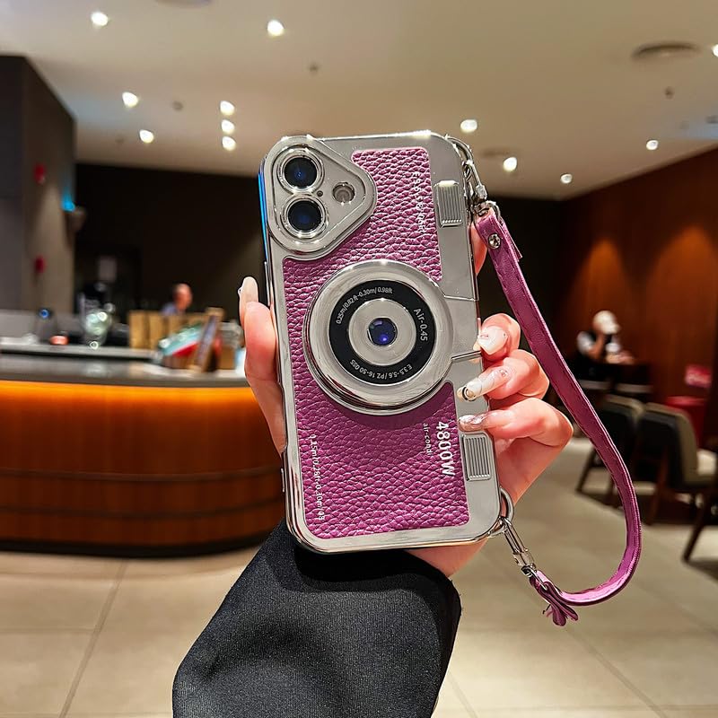 Image of LuxuryKase Retro Vintage Camera Style Case for iPhone 16 | 3D Lens Design | Hand Strap | PU Leather Finish | Soft TPU Edge | Stylish Fashion Cover - Purple