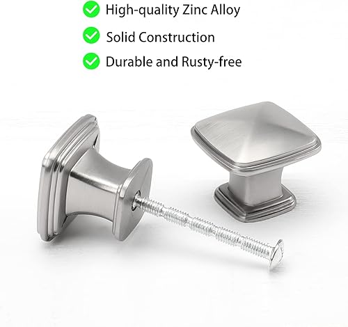 Miniatura 3 de homdiy Paquete de 15 pomos de gabinete de níquel cepillado, herrajes de cocina cuadrados plateados para tocador, baño, manijas de puerta de níquel