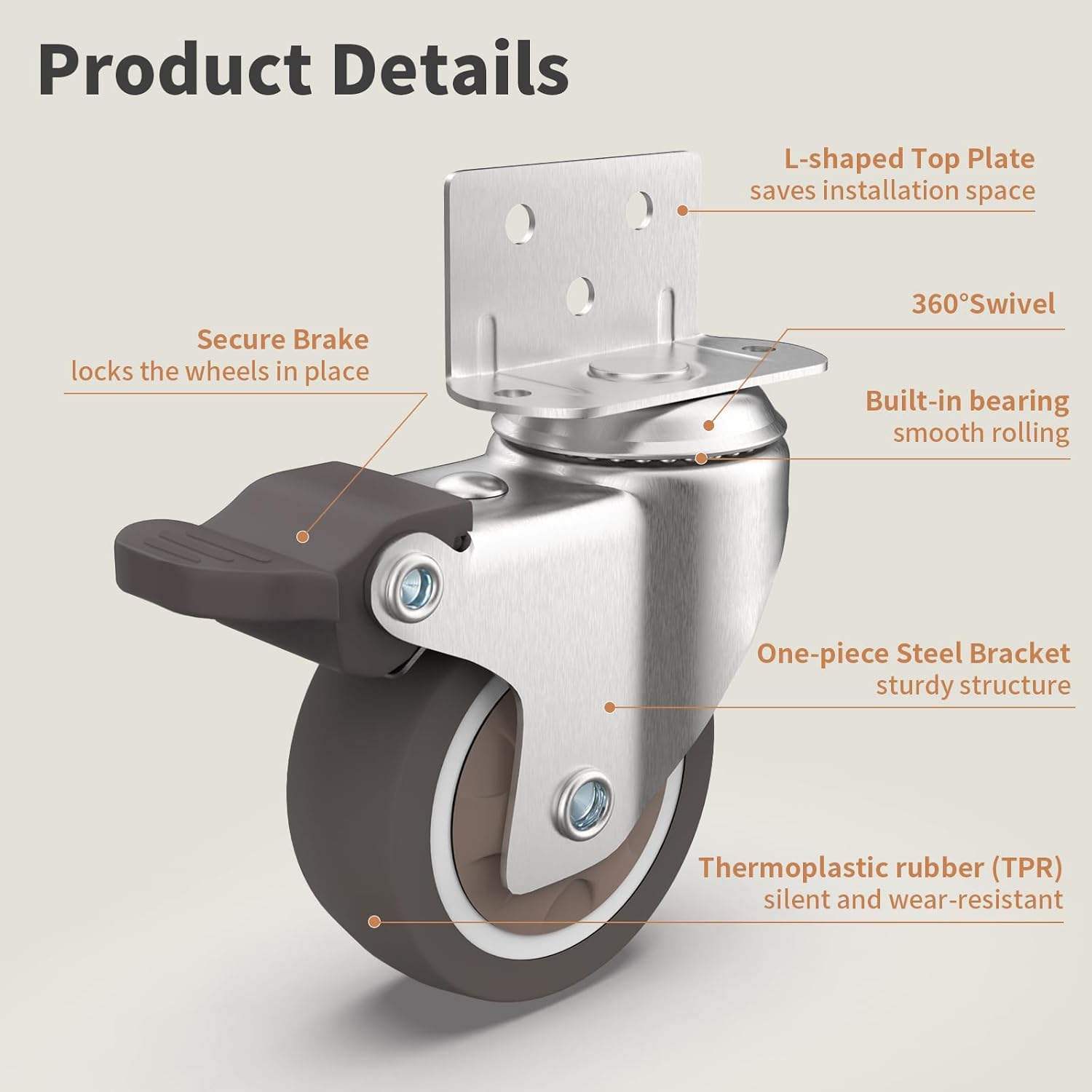 2" L-Shaped Swivel Plate Casters, TPR Silent Furniture Wheels with Brakes, Total Load Capacity 600 Lbs, Mounting for Wooden Cabinet, Sewing Table, Crib, 4 Pcs