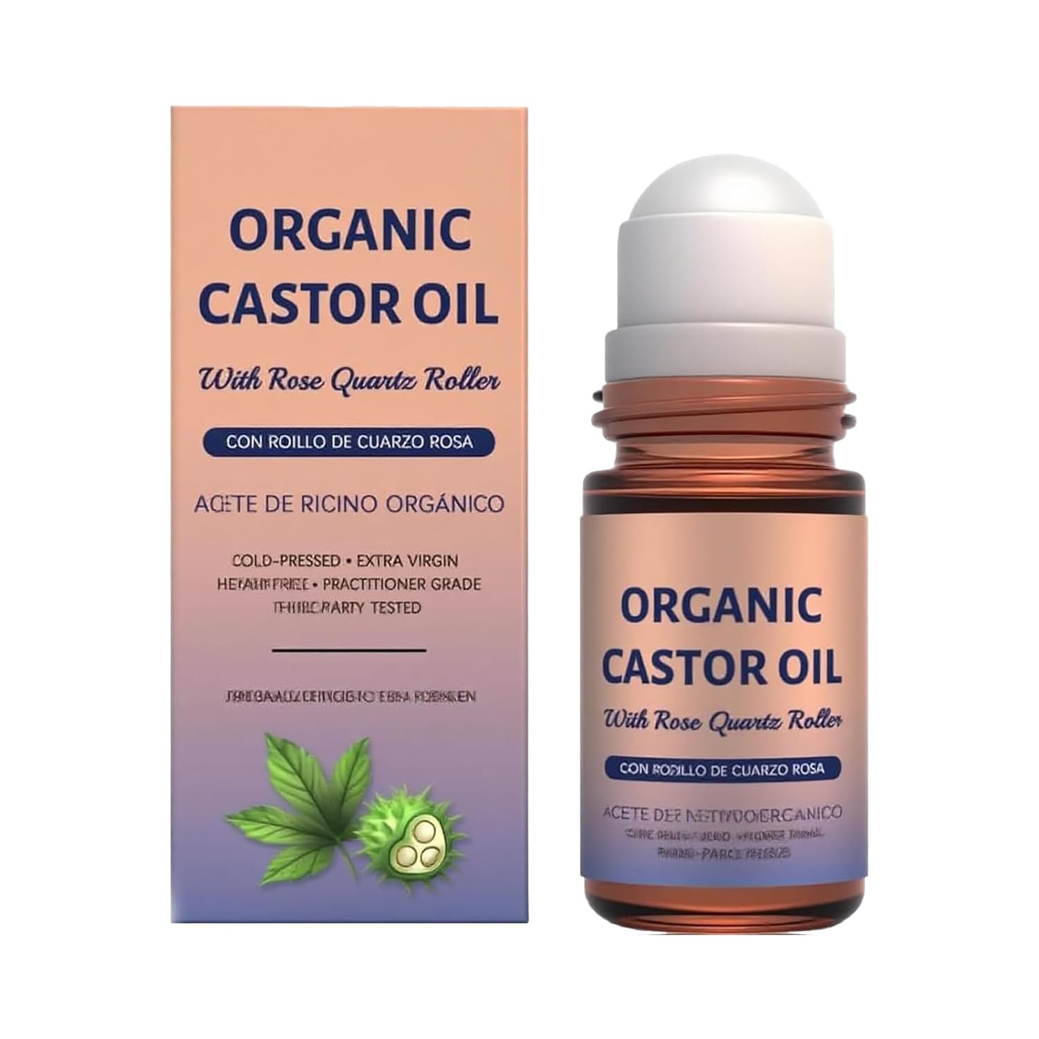 Organic Castor Oil, with Rose Quartz Roller 100% Pure, Hexane-Free for Skin & Hair | Extra Virgin Cold-Pressed 1pcs