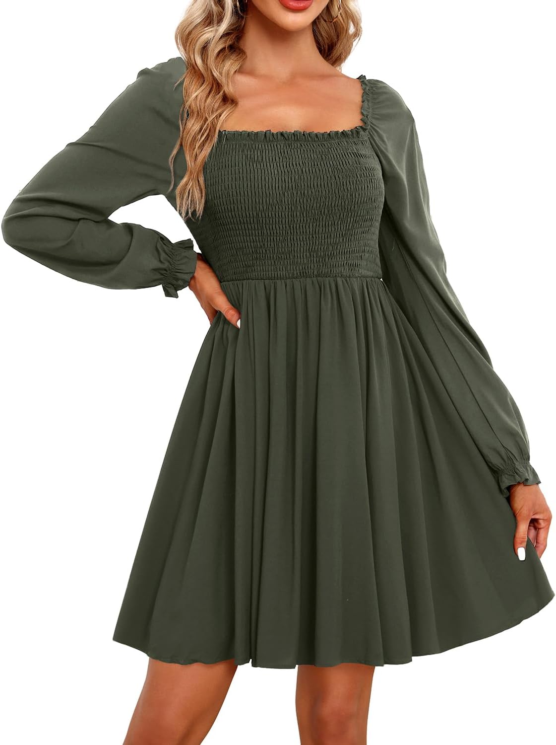 Holipick Women's Casual Square Neck Smocked Dress Shirred Ruffle Puff Sleeve High Waist Cute Flowy A-Line Short Dress
