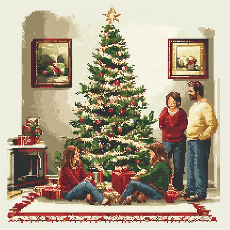 Bcdfgybcaxn Counted Cross Stitch Kits for Adults,Family Celebrating Christmas,Stamped Cross Stitch 11CT DIY Cross Stitch,Beginner Embroidery Kit,16x16in