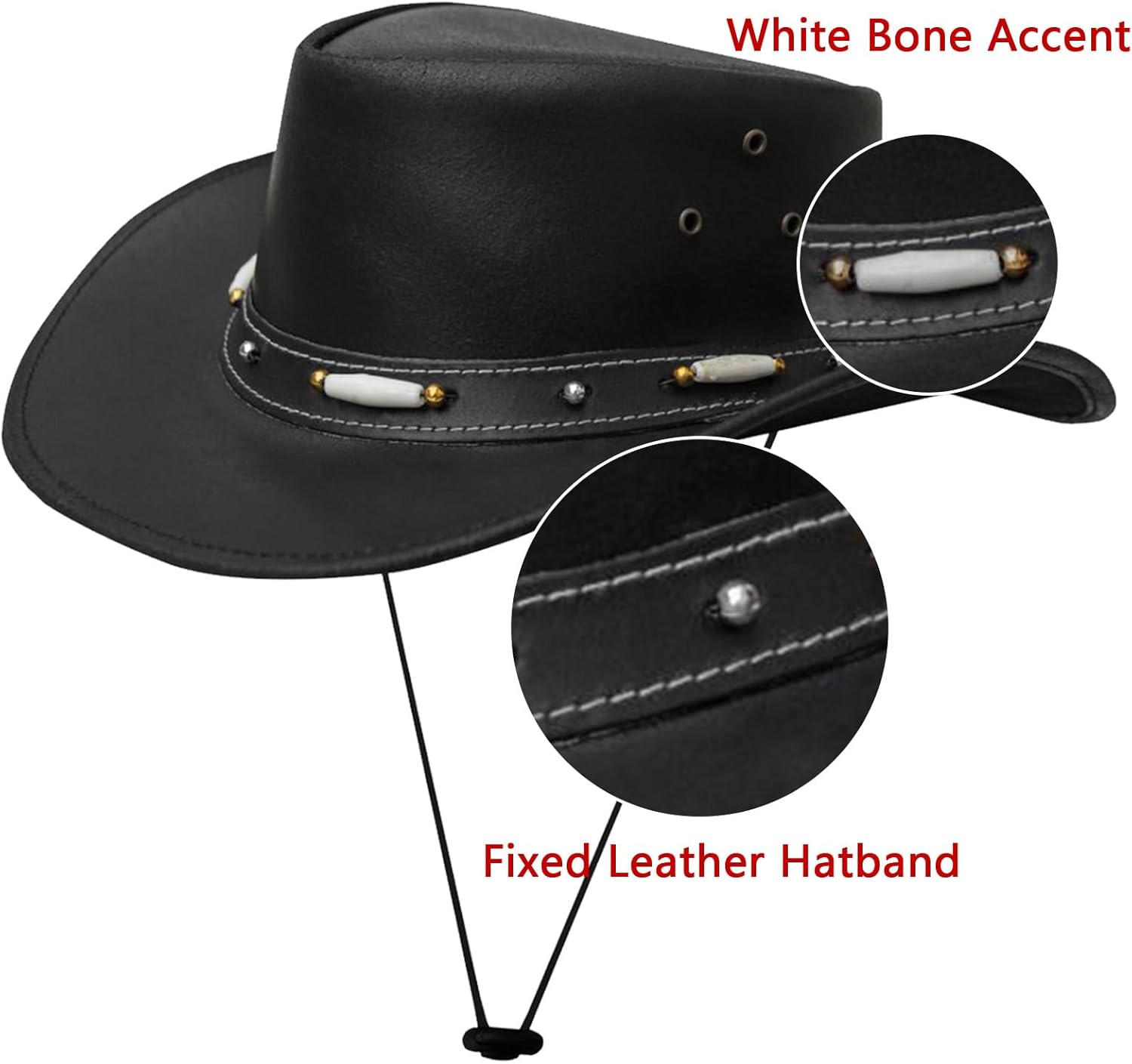 Dream Apparel Black Leather Cowboy Hat for Men Women Western Australian Outback Hat w/Shapeable Wide Brim, Aussie Style Hat - Image 3