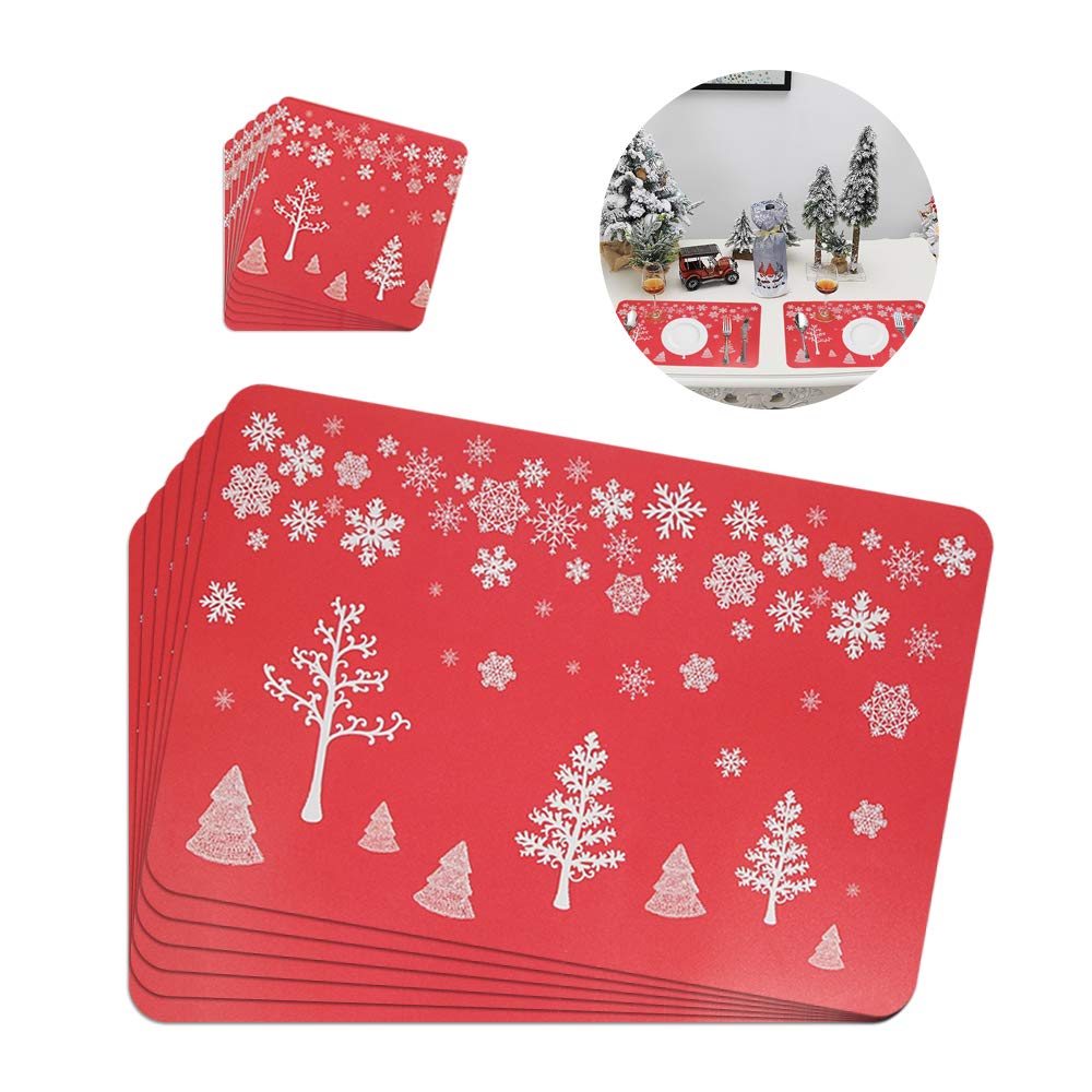 Manteles individuales de Navidad, resistentes al calor, antideslizantes, antideslizantes, manteles individuales para decoración navideña, 12 unidades, color rojo