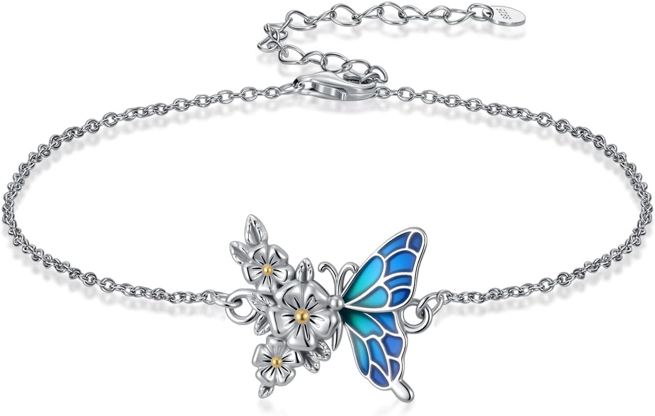 Butterfly Bracelet for Women Daisy Flower Bracelet Sterling Silver Butterfly and Flower Pendant Bracelet Jewelry Gift