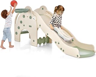 DREAMADE 3-in-1 Slide for Toddlers, Children's Slide with Basketball Hoop & Tunnel & Ladder, Garden Slide Toddler Slide Children's Slide for Children from 18 Months for Indoor and Outdoor (Green)