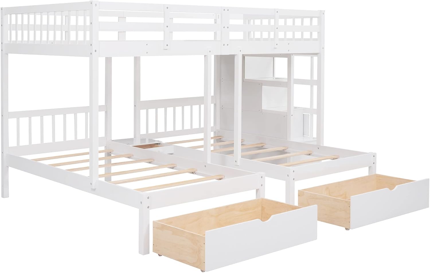 Harper & Bright Designs Full Over Twin & Twin Bunk Bed, Wood Triple Bunk Bed with Drawers and Guardrails (White)
