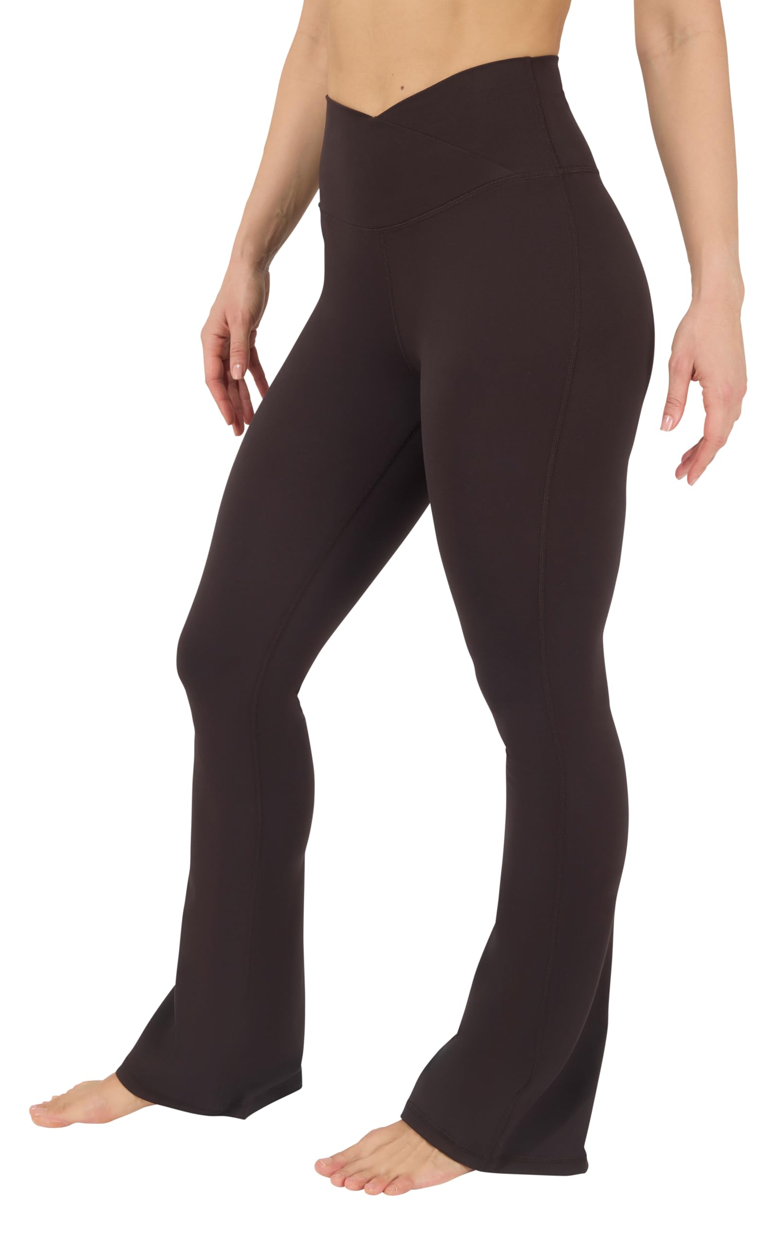Yogalicious Womens Crossover High Waisted Flare Legging Squat Proof Yoga Pant | 29" & 31.5" Inseam, Chocolate Mousse 31.5", Large