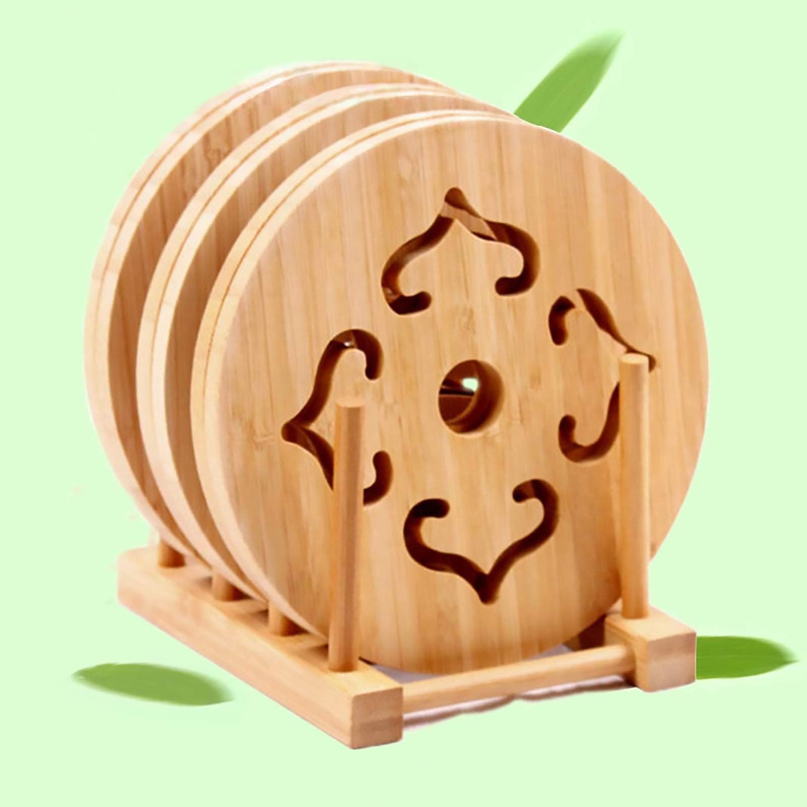 Garkup. Natural Bamboo Trivet Mat Set,storage rack Anti-Hot Heat Resistant Pads for Hot Dishes/Pot/Bowl/Teapot/Hot Pot Holders(2 side.2 circle.1 storage rack.) (Bamboo Trivet - 6 pack)