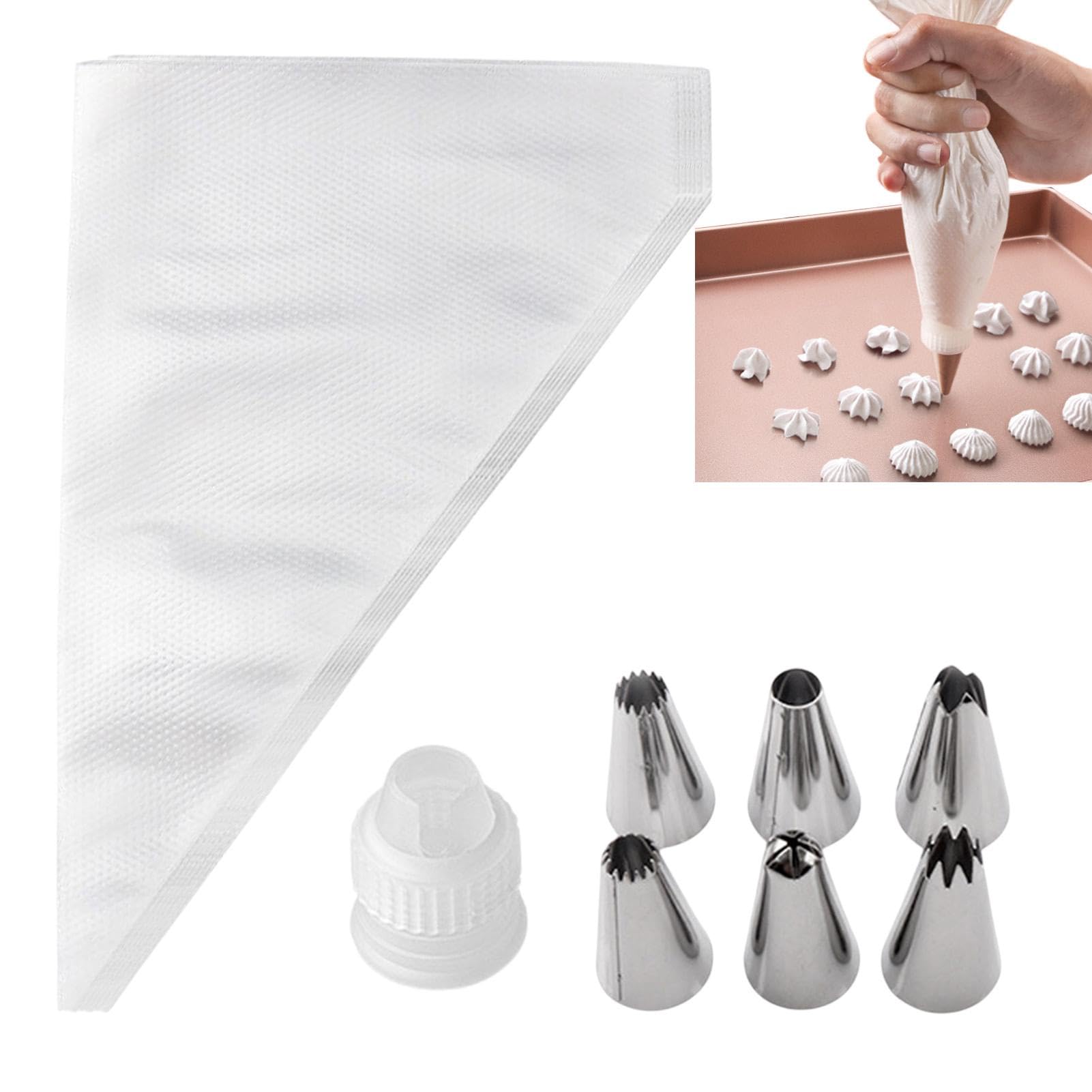 100 Pcs Small Piping Bags Disposable,Piping Bags and Nozzles,Piping Set,Icing Piping Kit with 6 Pcs Reusable Nozzles,1 Couplers,Icing Bags,for Cake Cupcake Dessert Cookies Decoration(25x16.5cm)